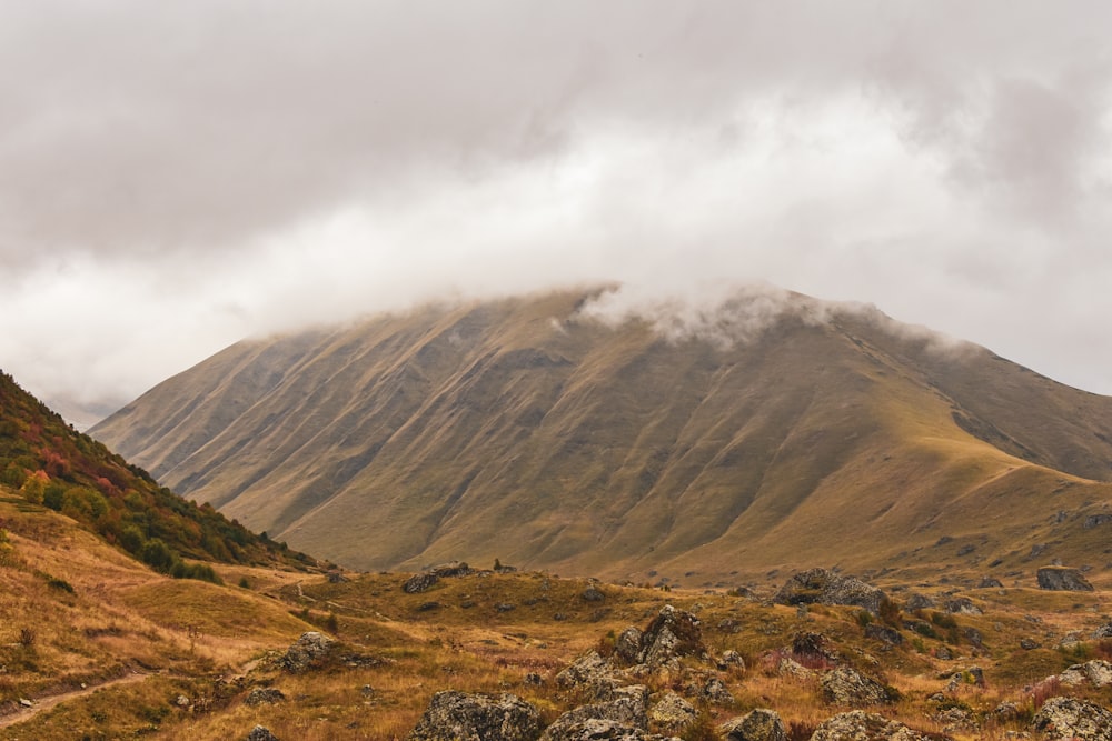 a mountain covered in clouds and grass on a cloudy day