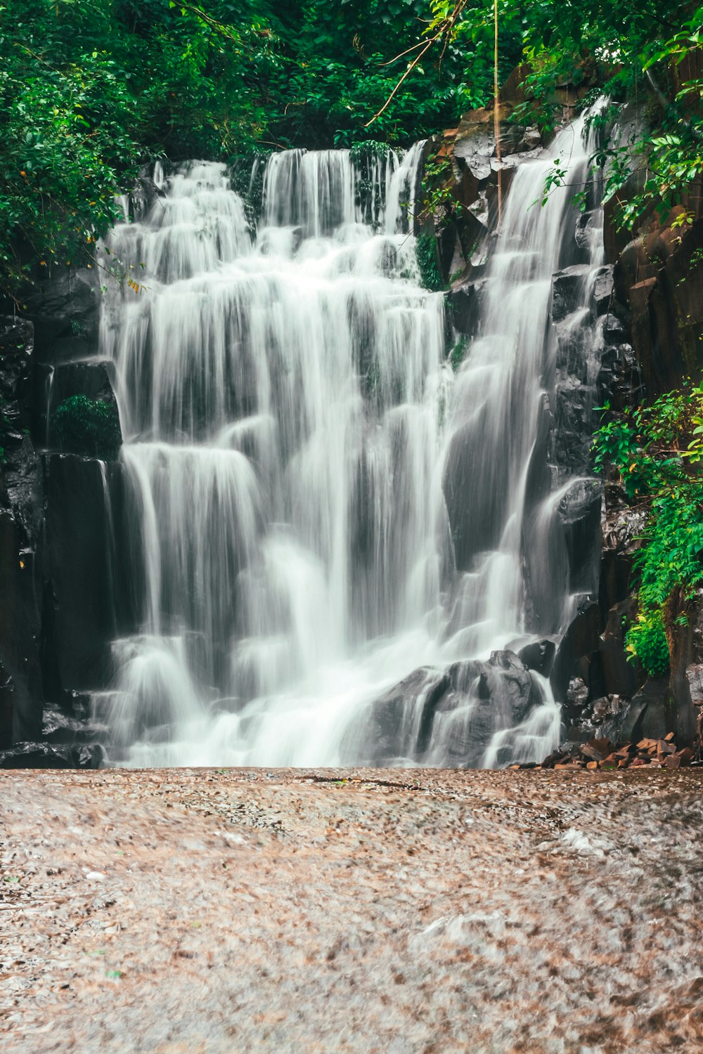 a large waterfall in the middle of a forest