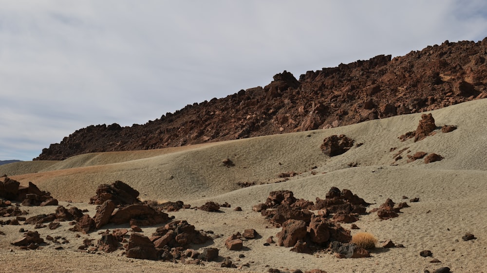 a rocky mountain with rocks and grass in the foreground