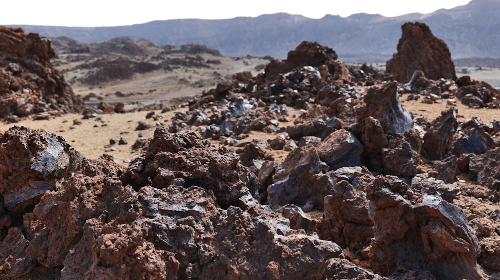 a rocky landscape with mountains in the background