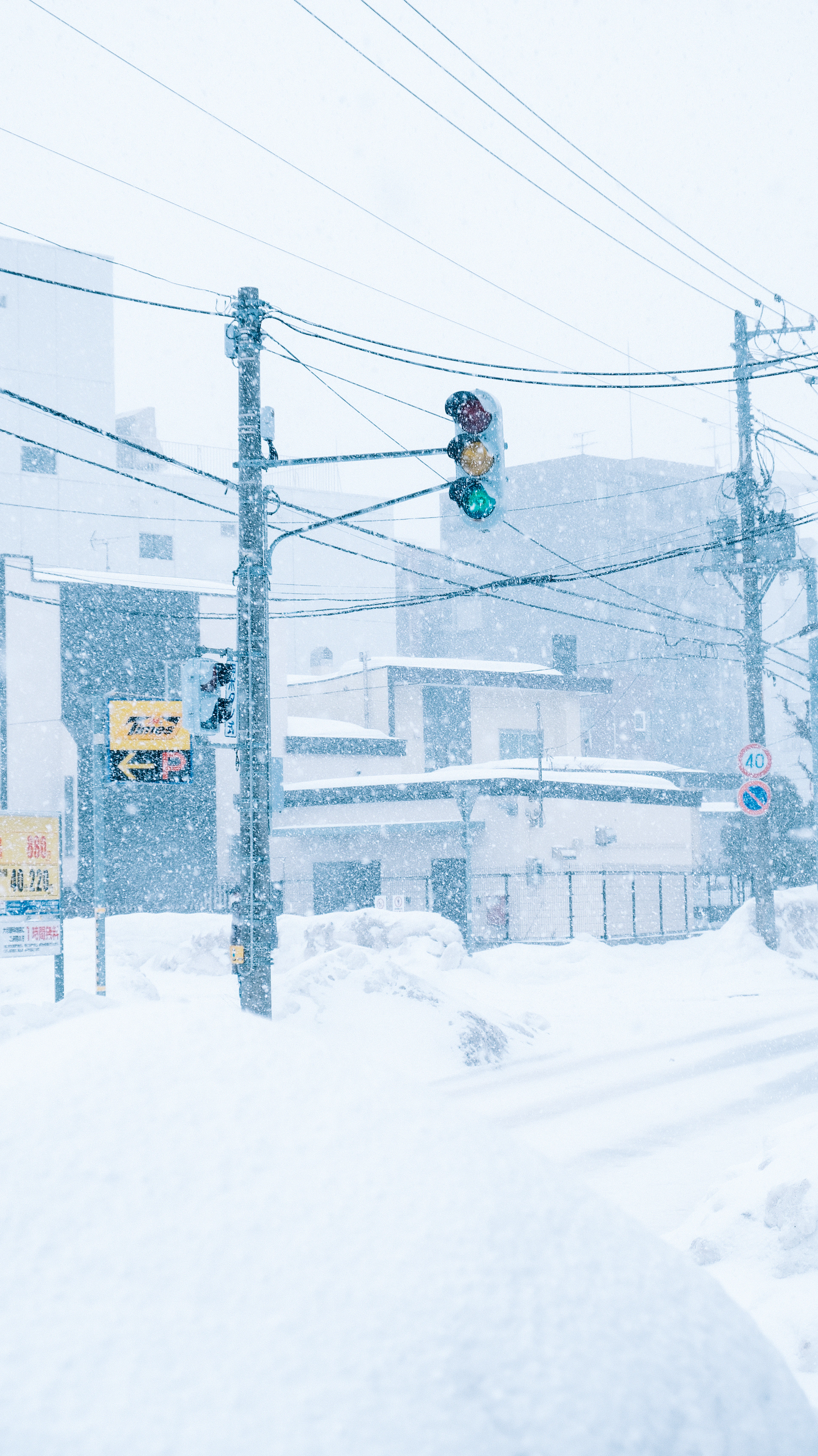 A Sapporo street corner in heavy snowfall, a traffic light glowing through the blizzard