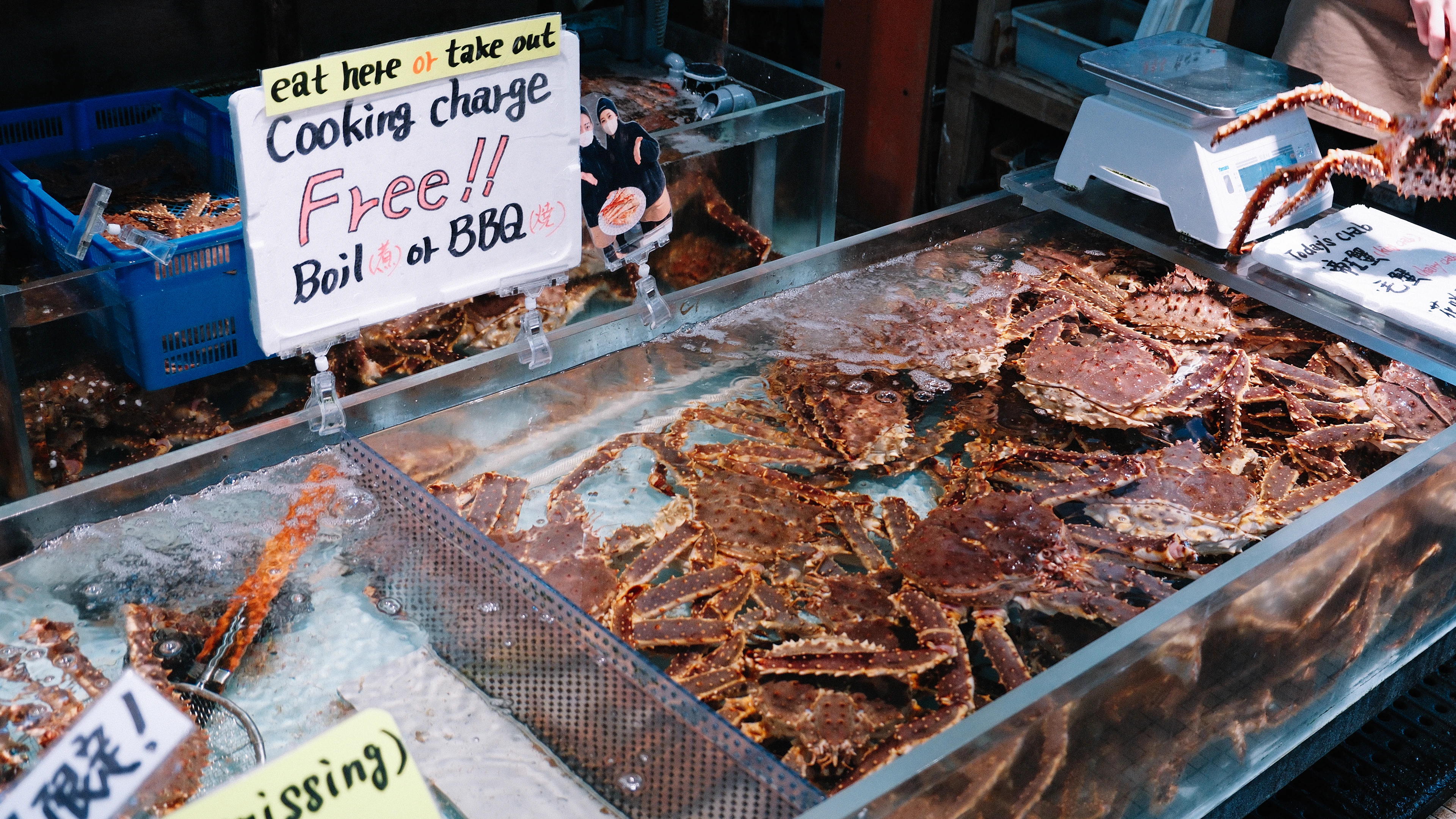 King crab piled on ice at a Hokkaido seafood market stall, under a hand-lettered sign offering to boil or grill them on the spot