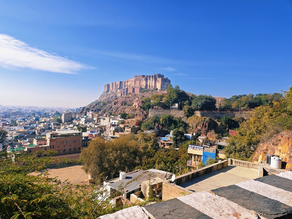 a view of a city with a mountain in the background