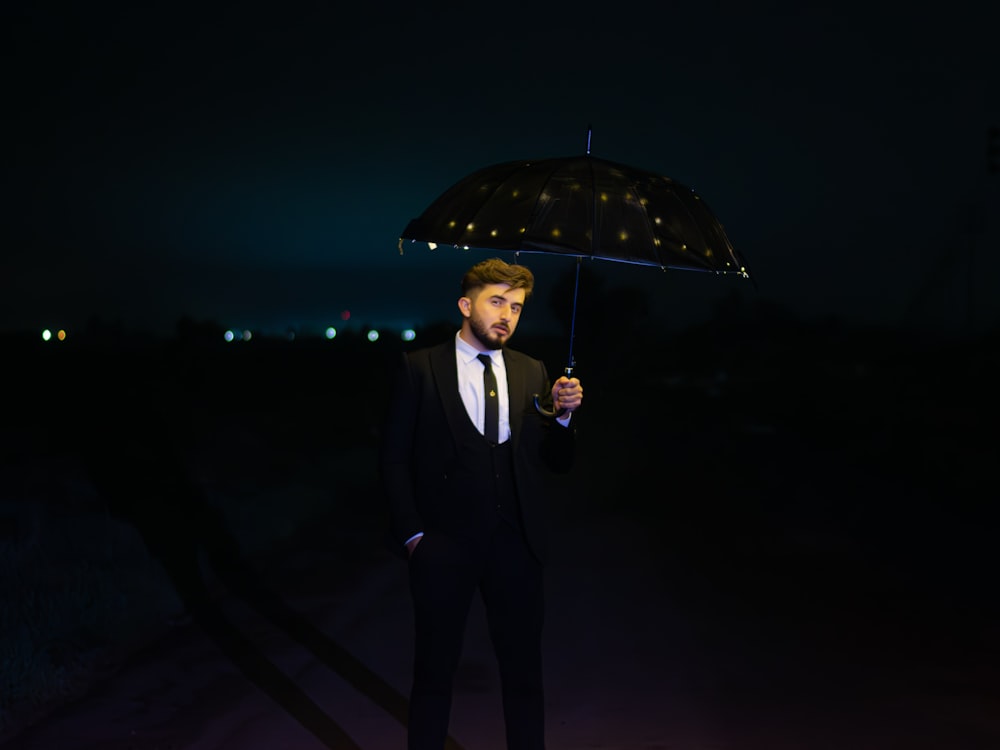 a man in a suit holding an umbrella