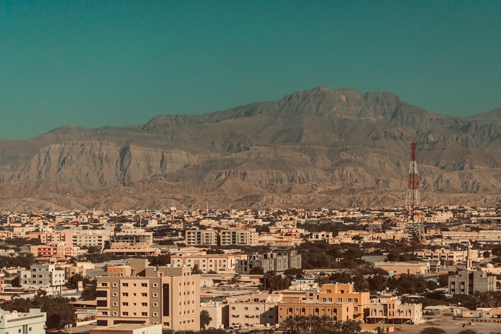 a view of a city with mountains in the background