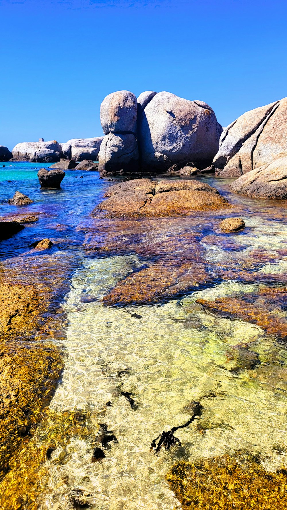 a body of water with rocks in the background