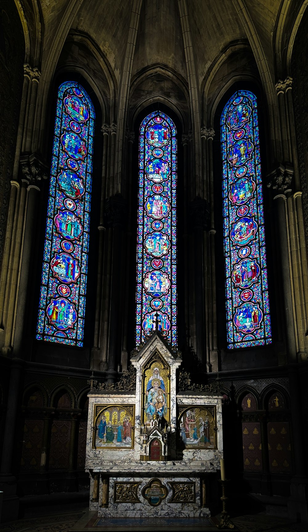 a church with a very large stained glass window