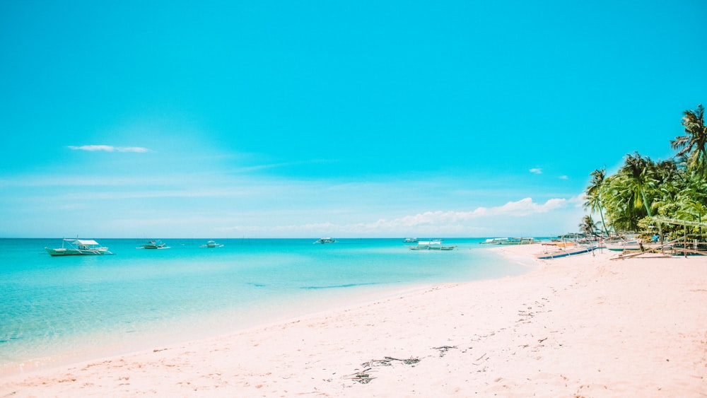 a white sandy beach with palm trees and boats in the water