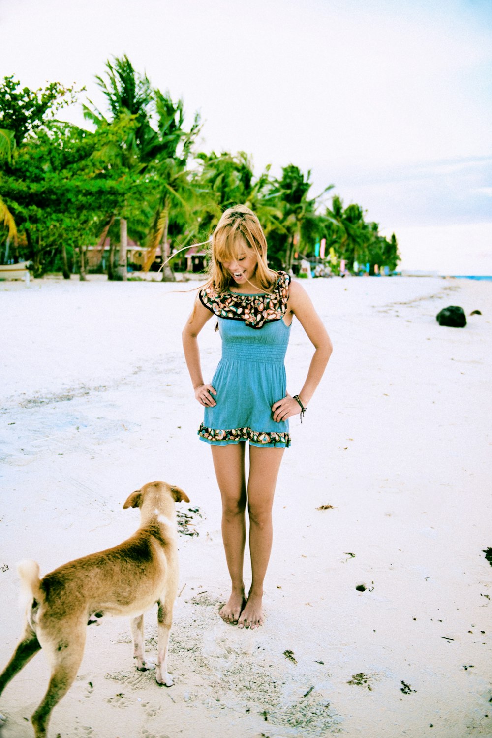 a woman standing on a beach next to a dog