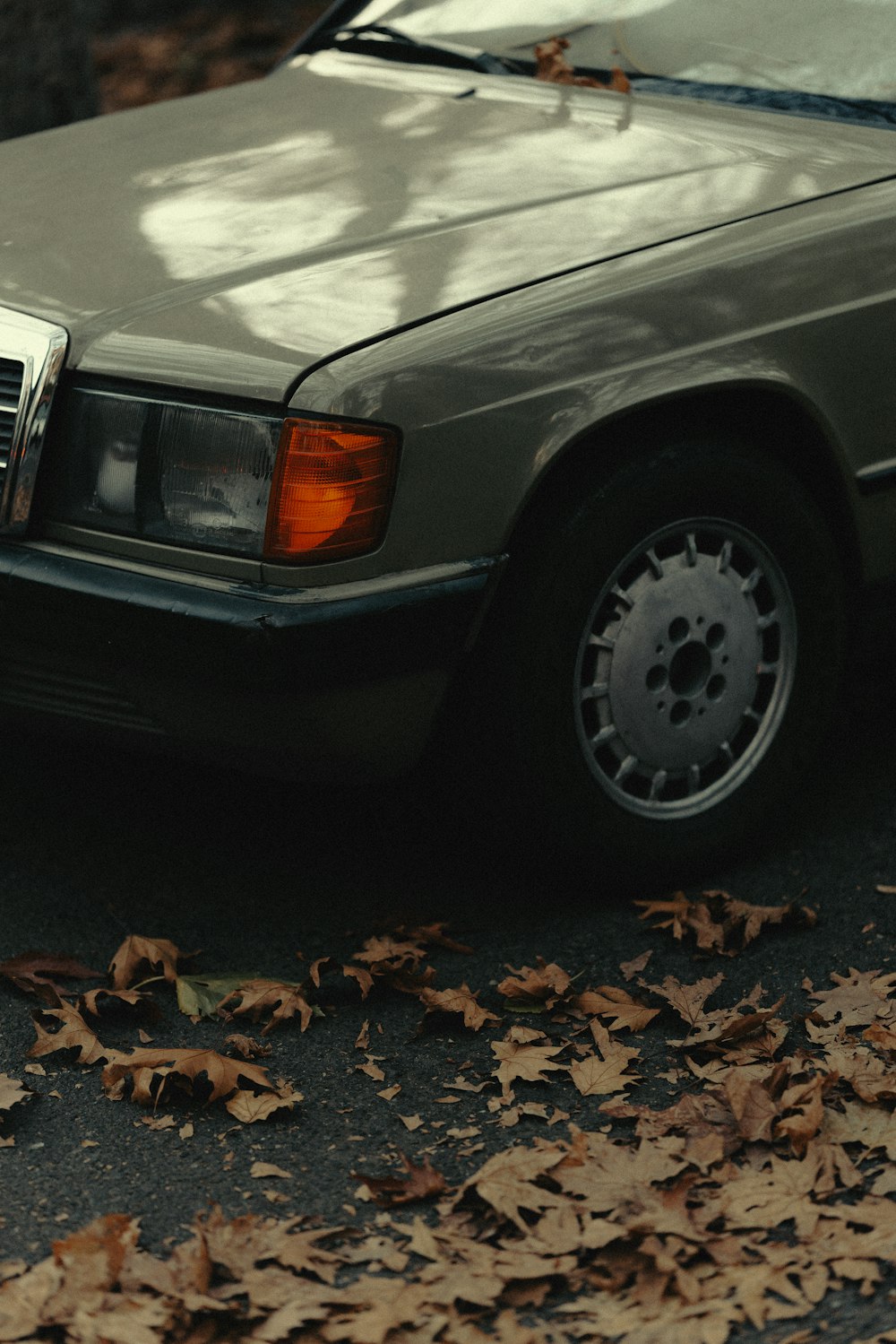 a car parked on the side of the road with leaves on the ground