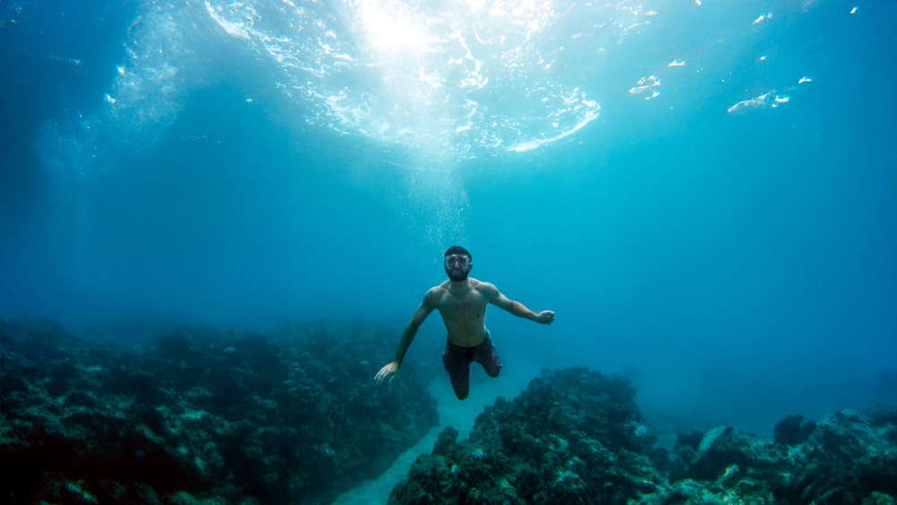 한 남자가 산호초 근처의 물에서 수영하고 있습니다.