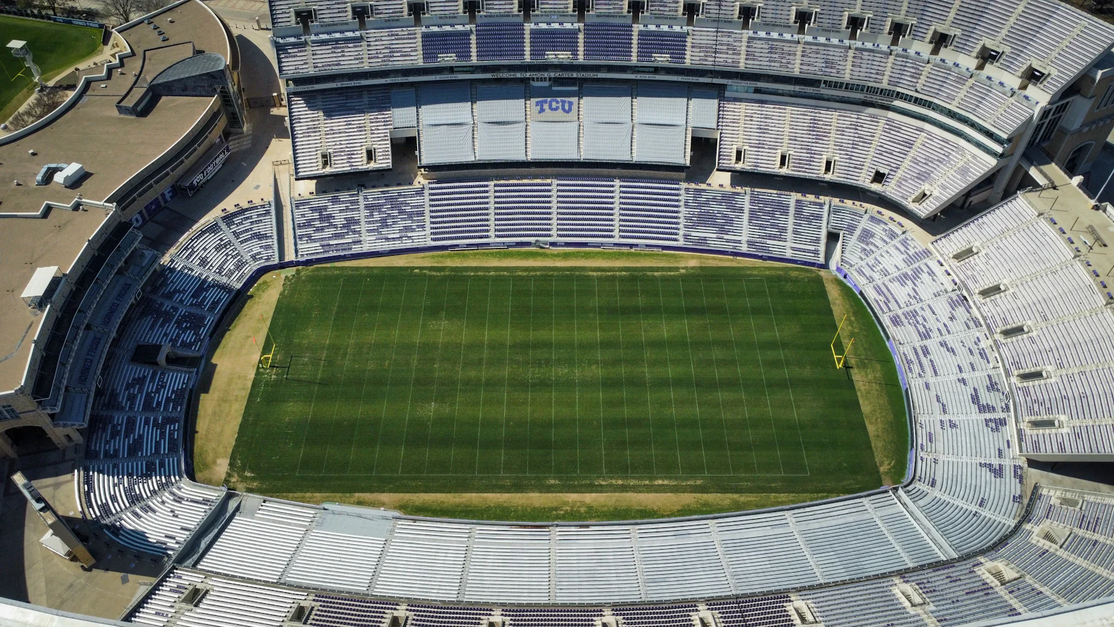 Aerial view of a sports stadium and field