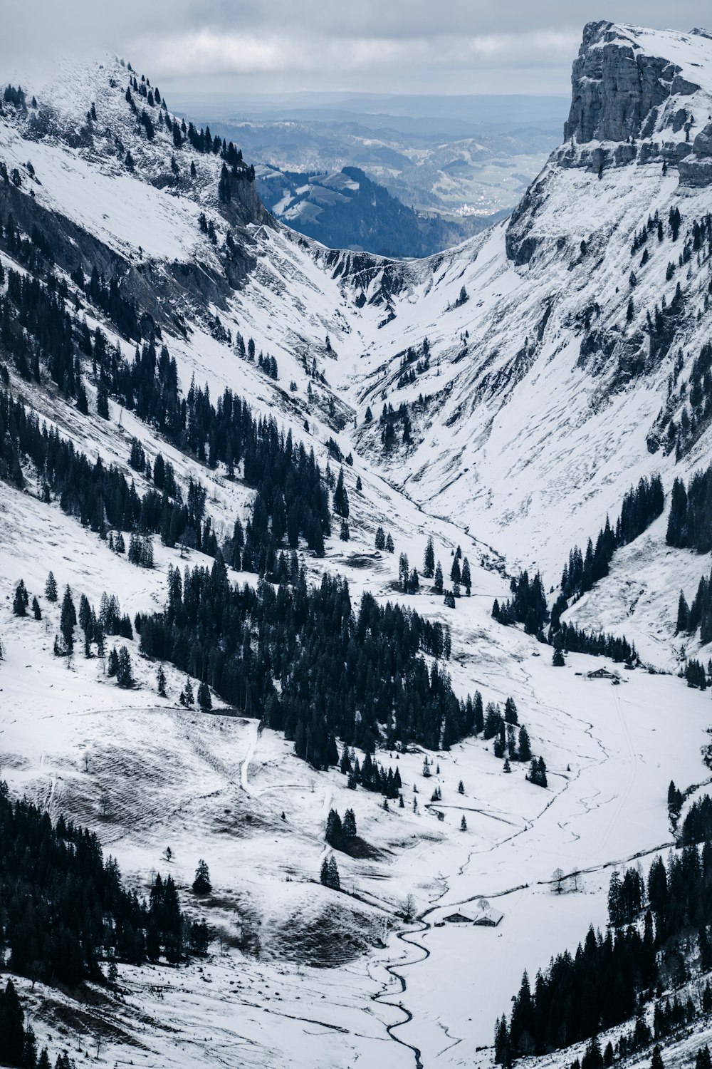 a snow covered mountain with a river running through it