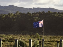 a flag flying in front of a lush green hillside