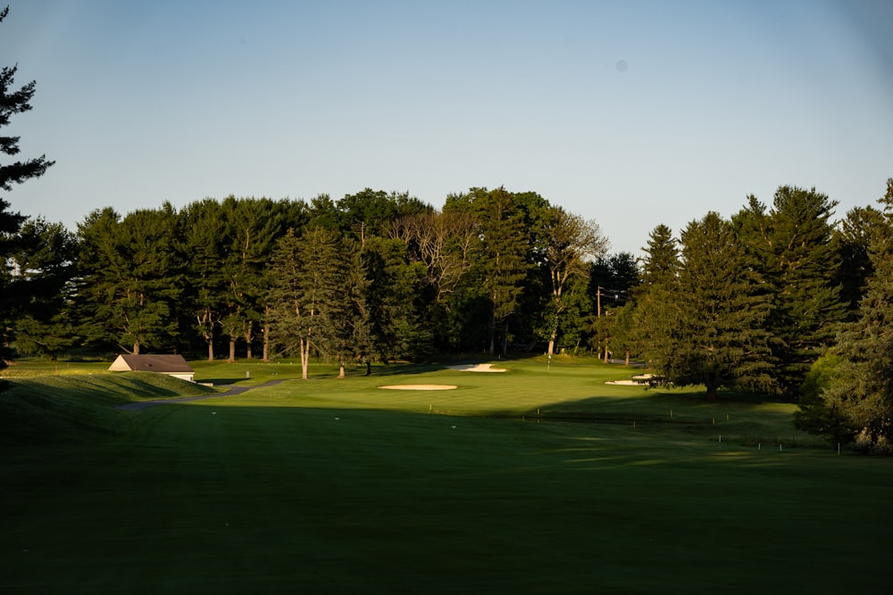 a golf course surrounded by trees and a house