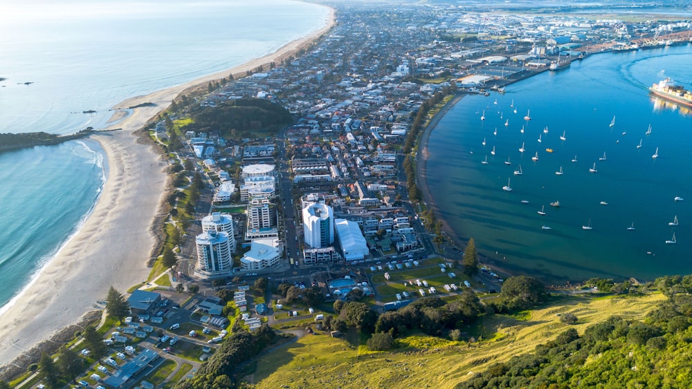 a bird's eye view of a city by the water