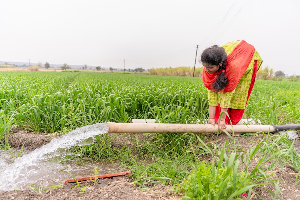 a woman in a red and yellow outfit is using a hose to water a field