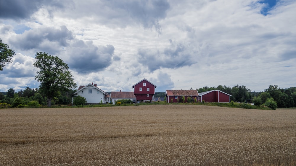 a farm with a red barn and two white buildings