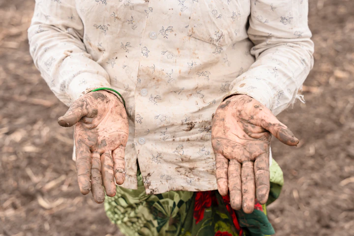 A person with soil-covered hands standing in a field, framed below the shoulders