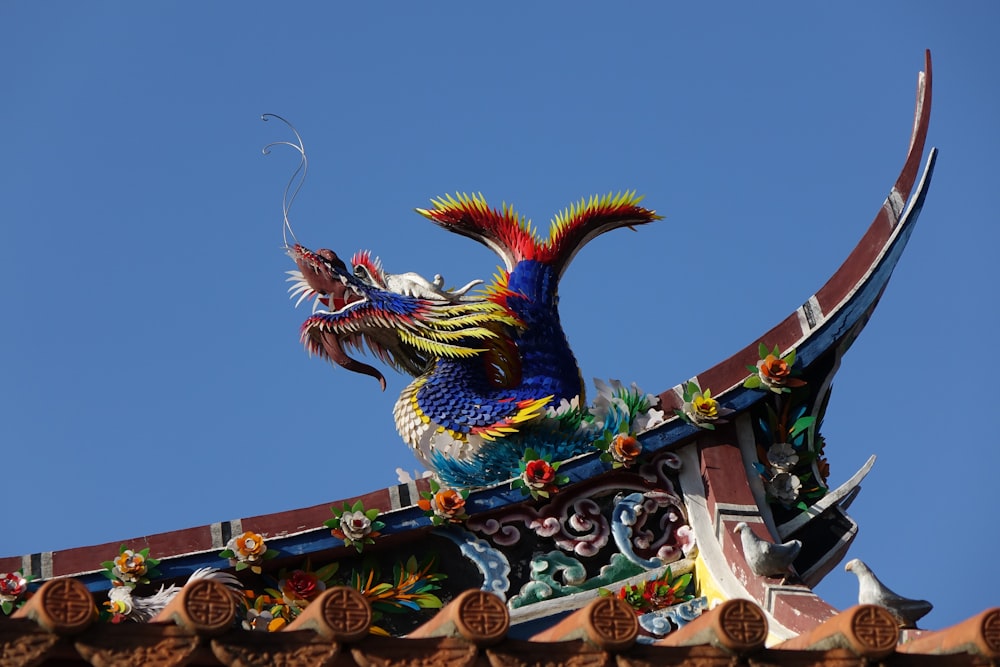 a dragon statue on the roof of a building