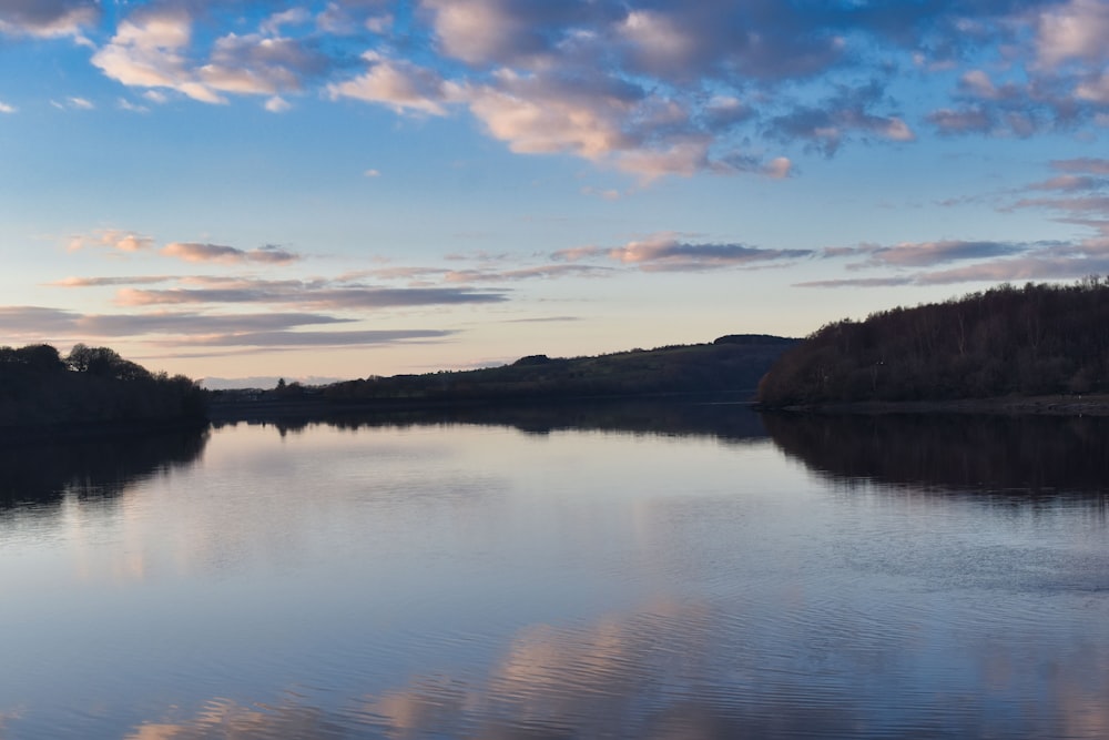 a body of water surrounded by trees and clouds