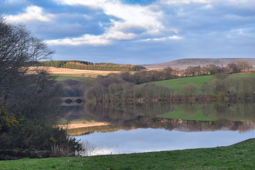 a large body of water surrounded by a lush green hillside