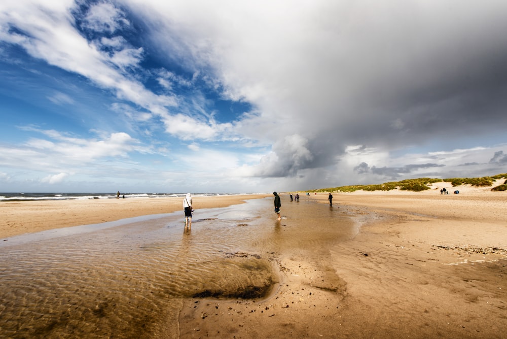 a group of people standing on top of a sandy beach