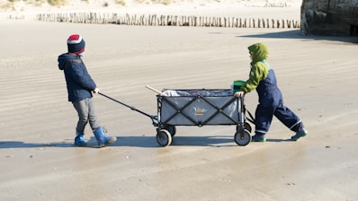two children pushing a wagon on the beach