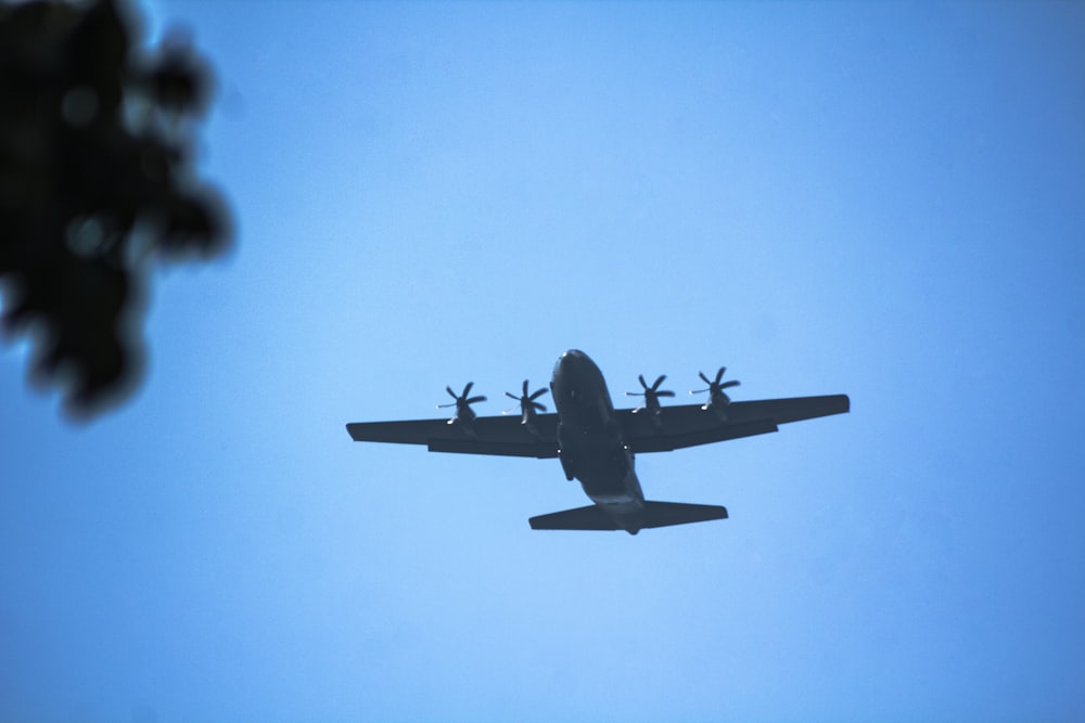 Un avión volando en el cielo con un árbol en primer plano