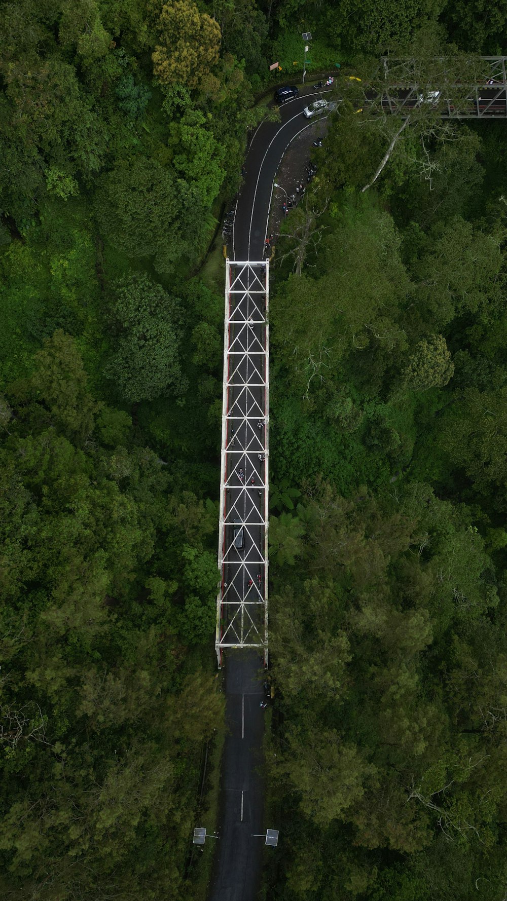 an overhead view of a bridge in the middle of a forest