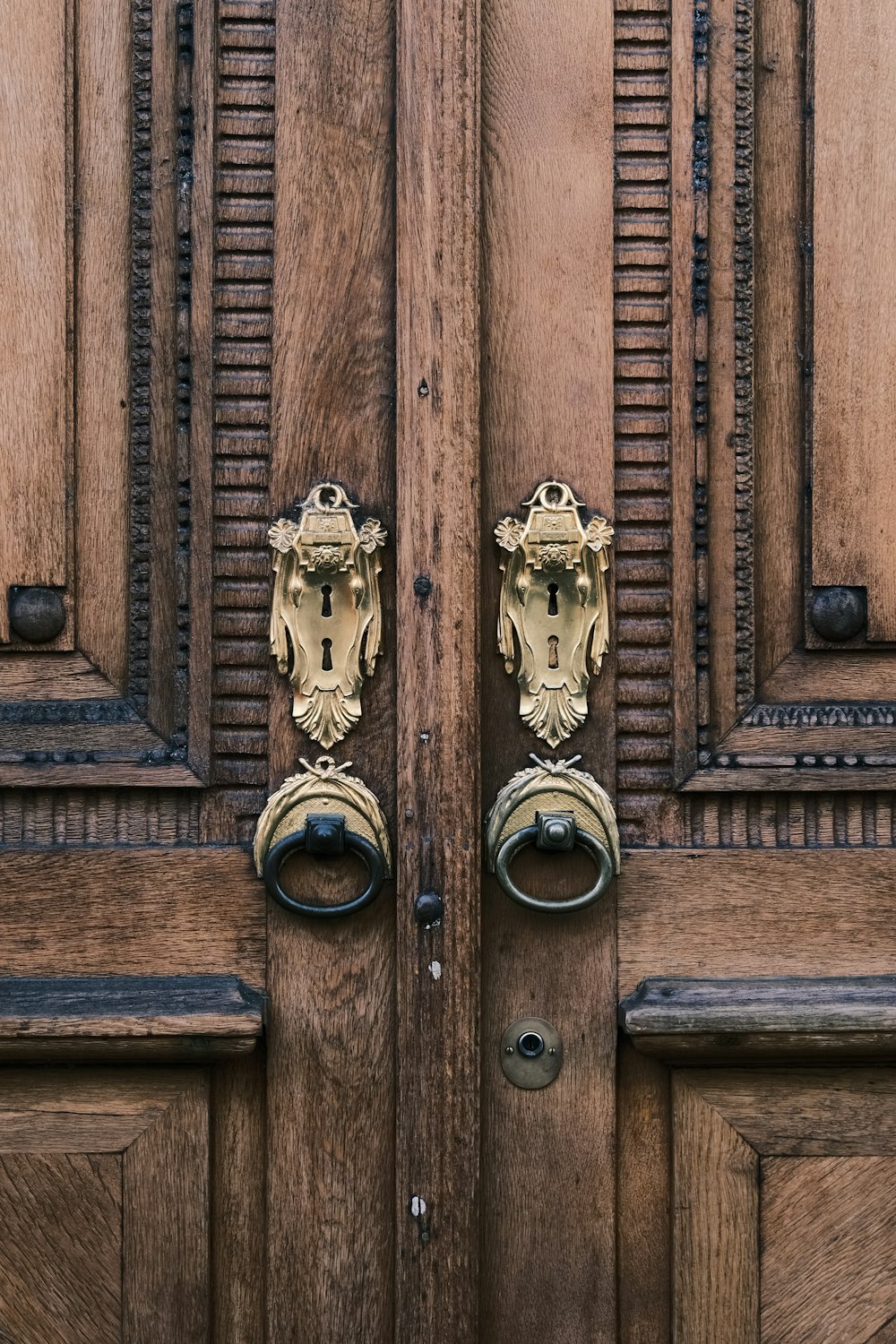 a close up of a door handle on a wooden door