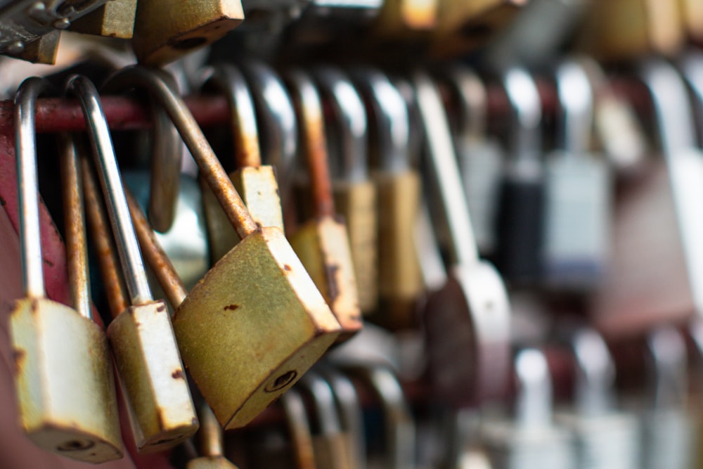 a bunch of padlocks hanging on a wall