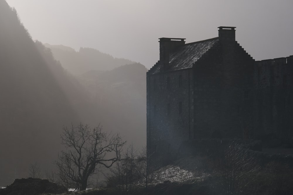 a castle in the middle of a foggy mountain