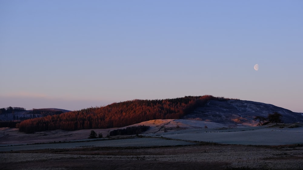 the moon is setting over a snowy mountain