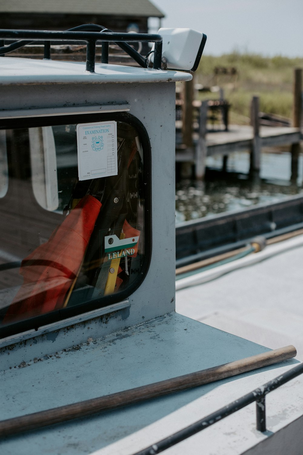 a view of a boat through a window