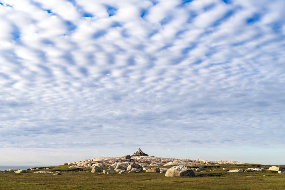 a large rock outcropping in the middle of a field