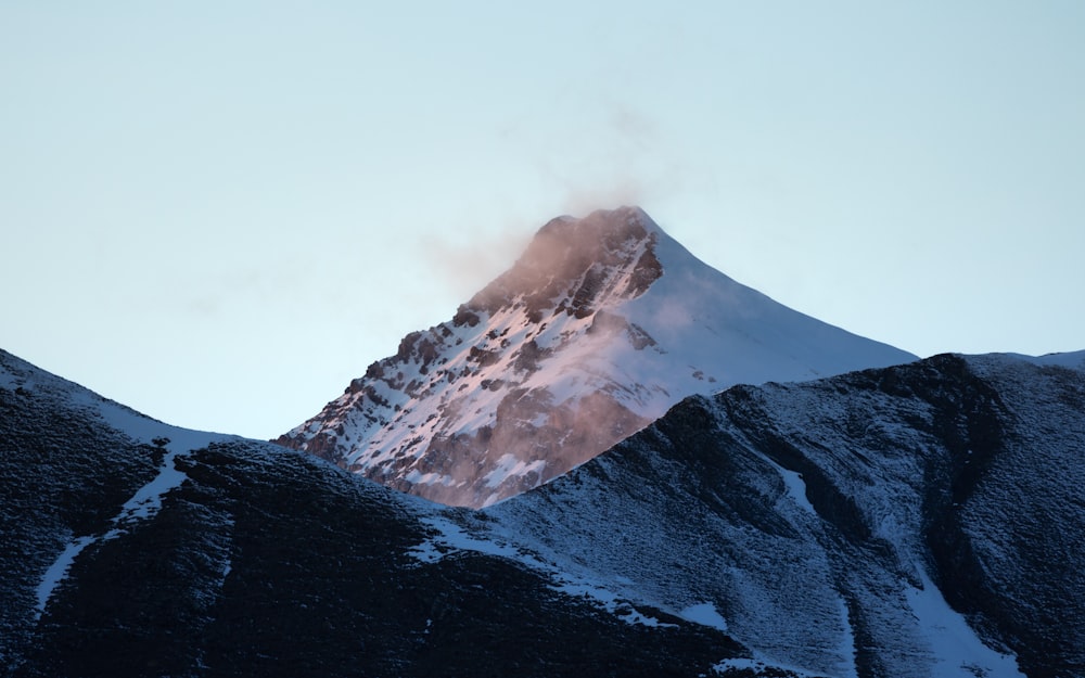 a snow covered mountain with a cloud of smoke coming out of the top
