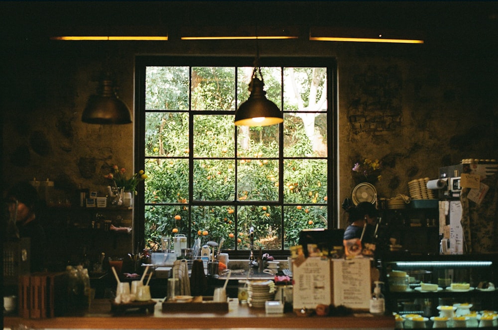 a view of a kitchen through a window