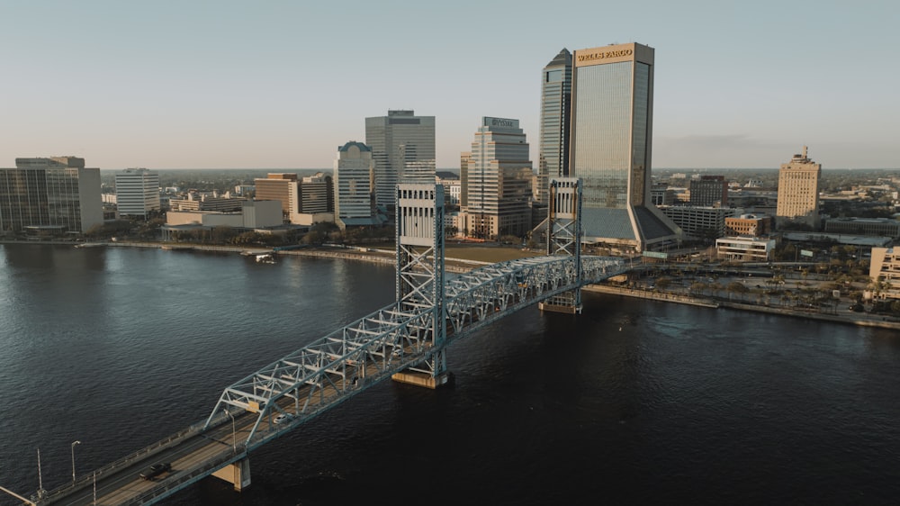 an aerial view of a city and a bridge