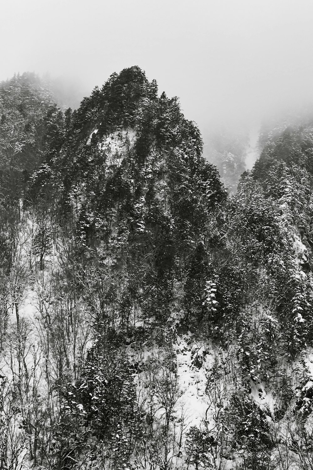 a black and white photo of a mountain covered in snow