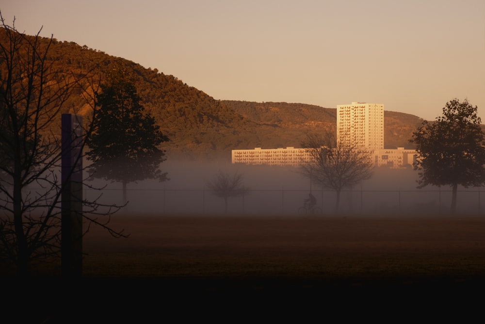 un campo nebbioso con un edificio sullo sfondo