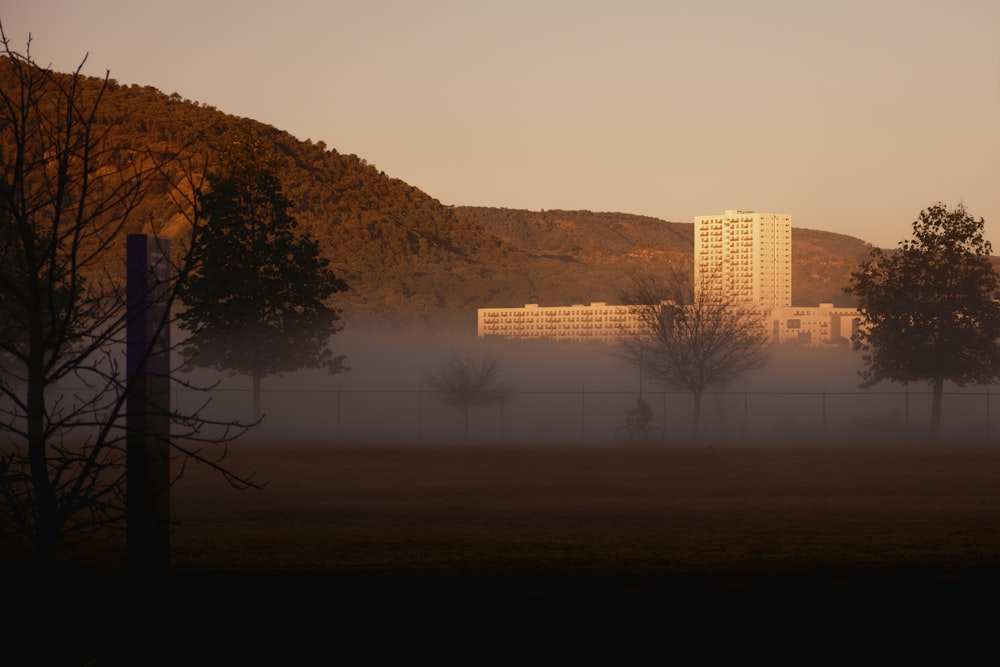 a foggy field with a building in the background