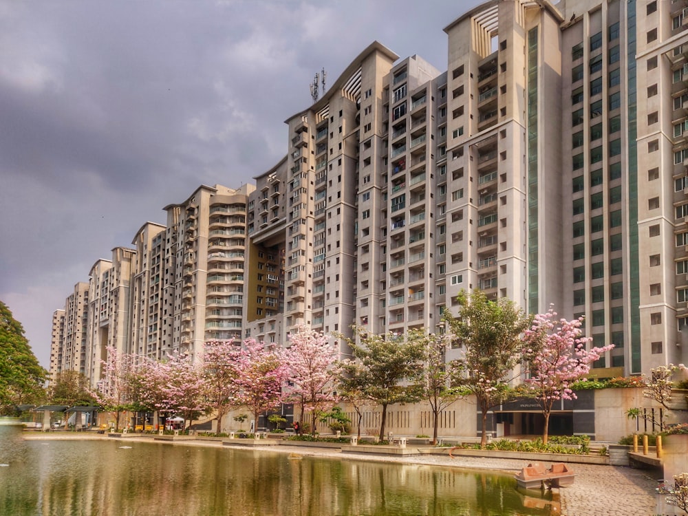 a row of tall buildings next to a body of water