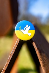 a close up of a blue and yellow pin with a bird on it