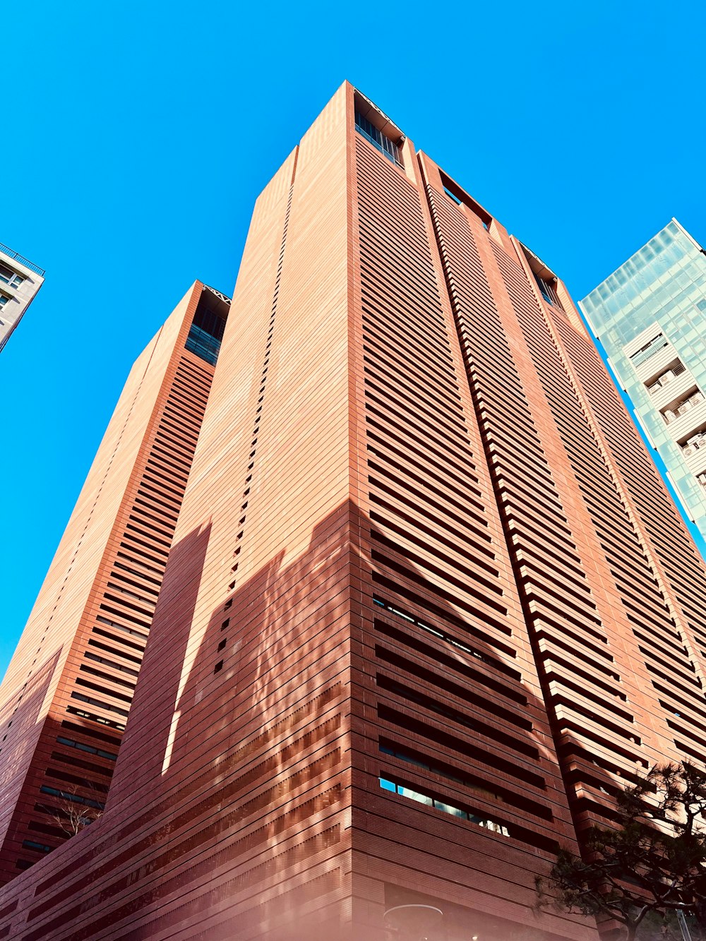 un edificio alto con molte finestre in cima