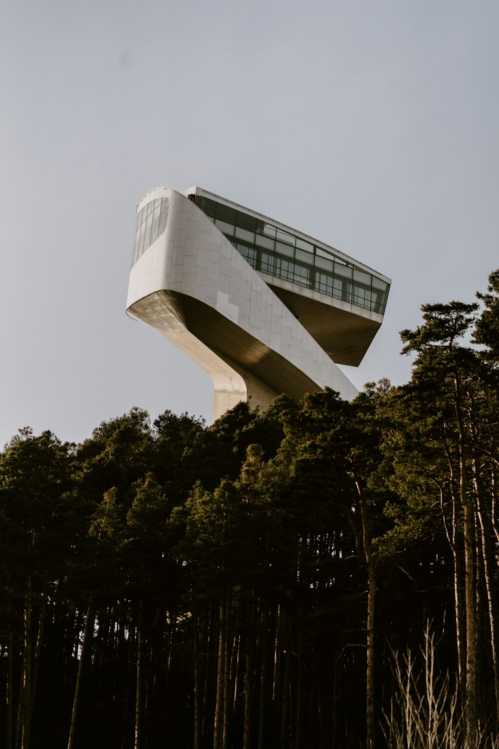a tall building with a curved roof in the middle of a forest