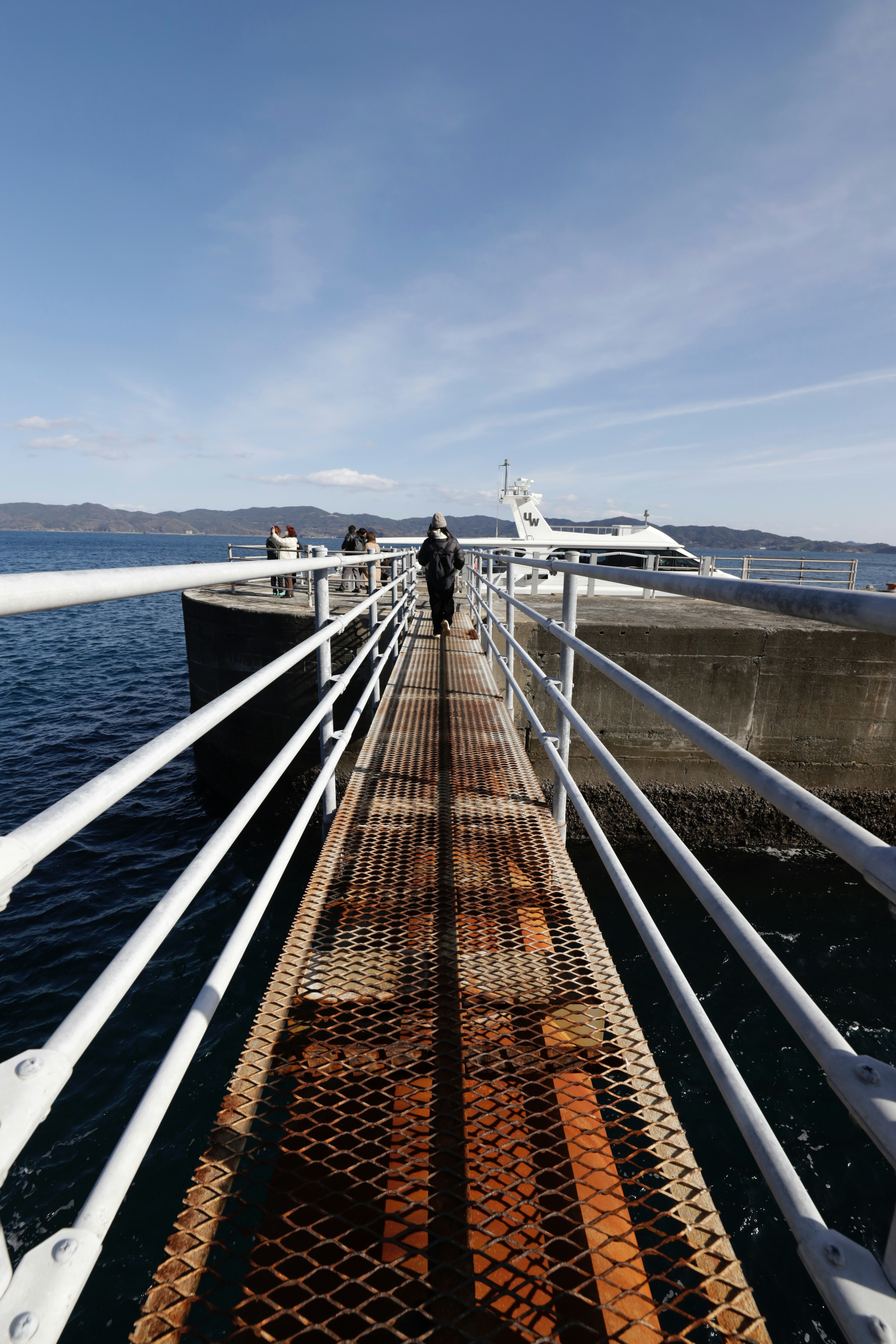 a man walking across a bridge over a body of water