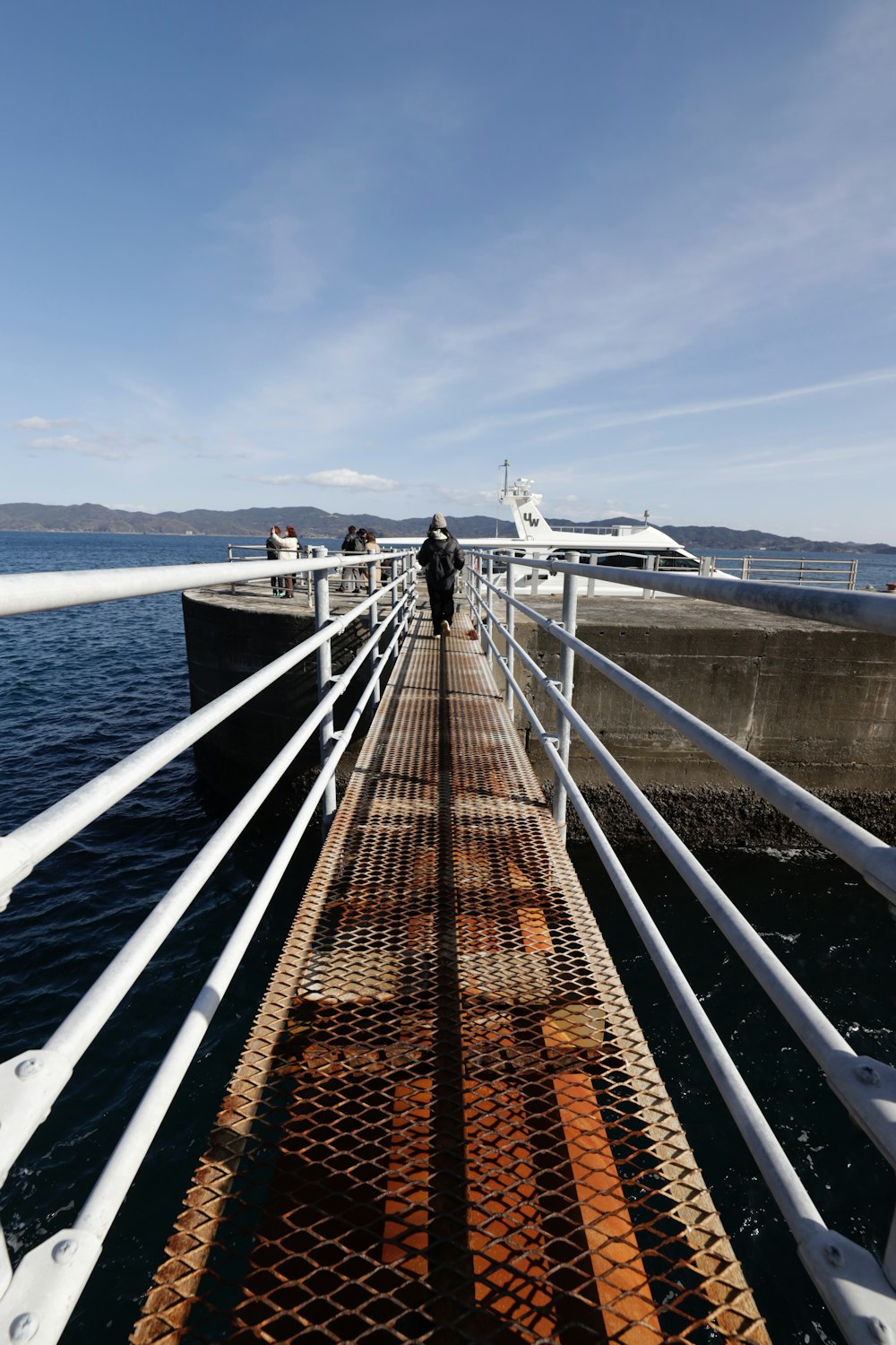 a man walking across a bridge over a body of water