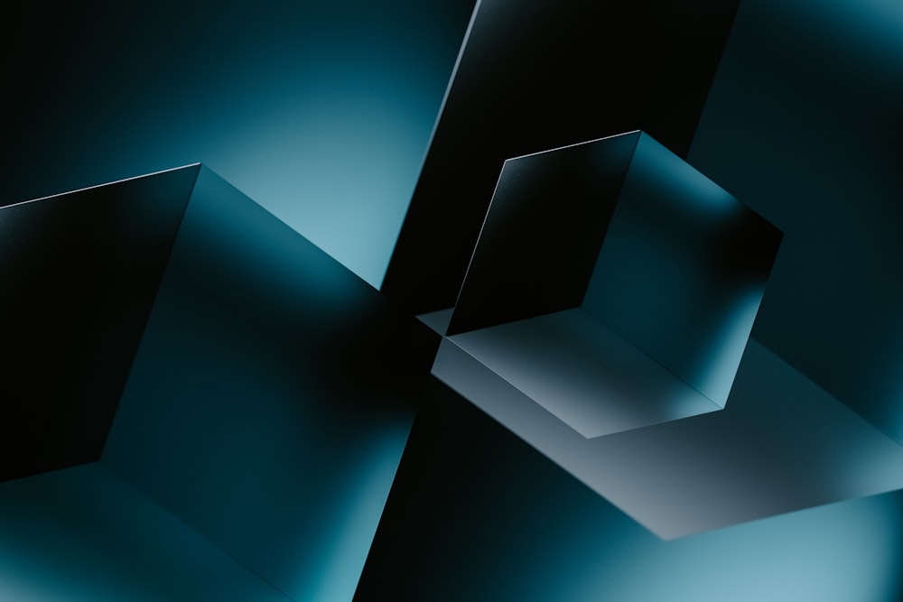 정사각형과 직사각형이 있는 검은색과 파란색 추상 배경
