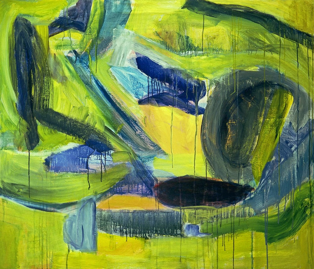 a painting of green, blue, and yellow